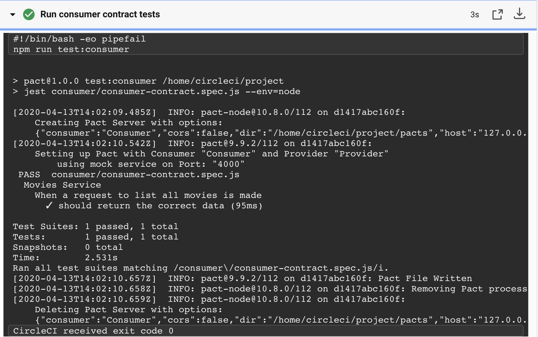 Output of running consumer contract tests