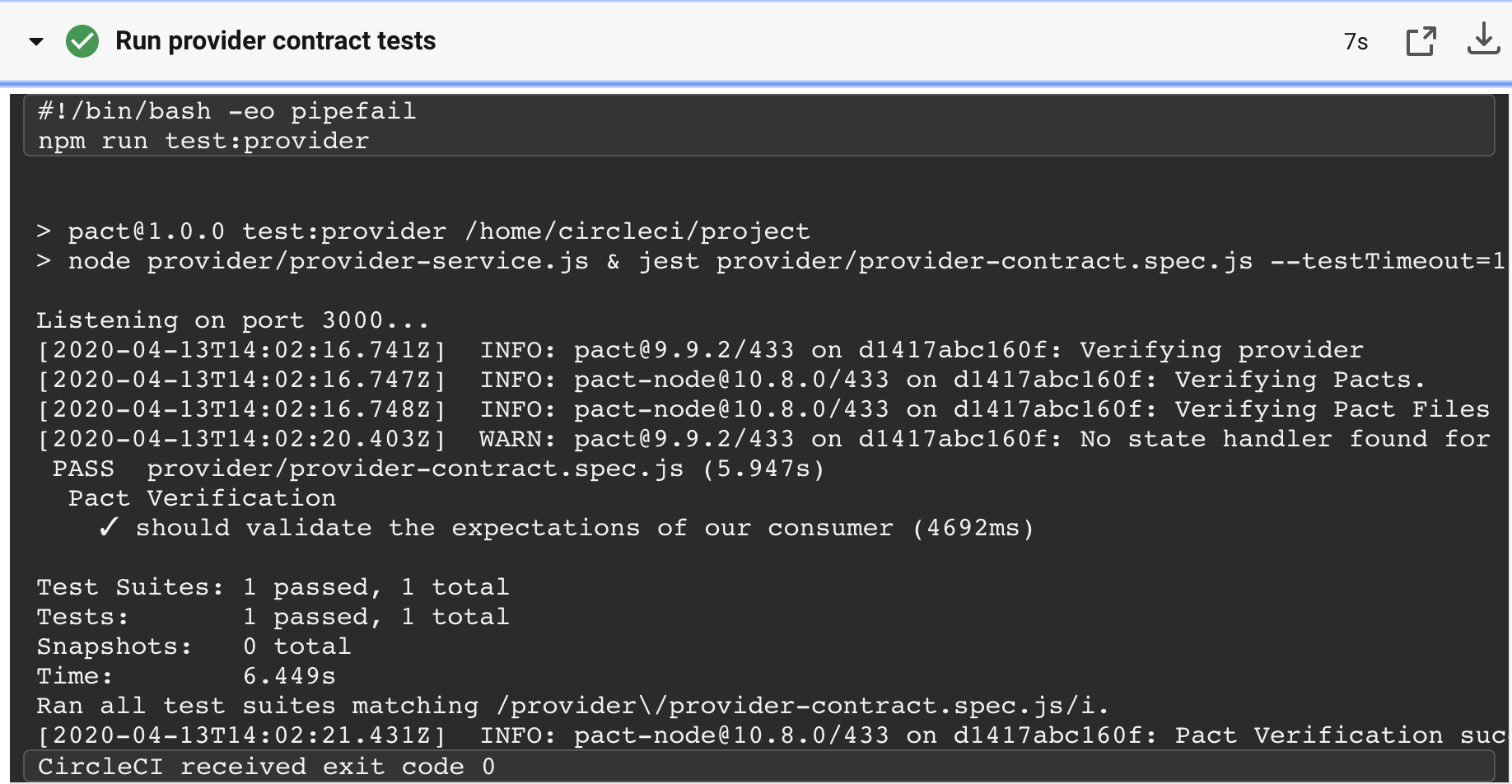 Output of running provider contract tests