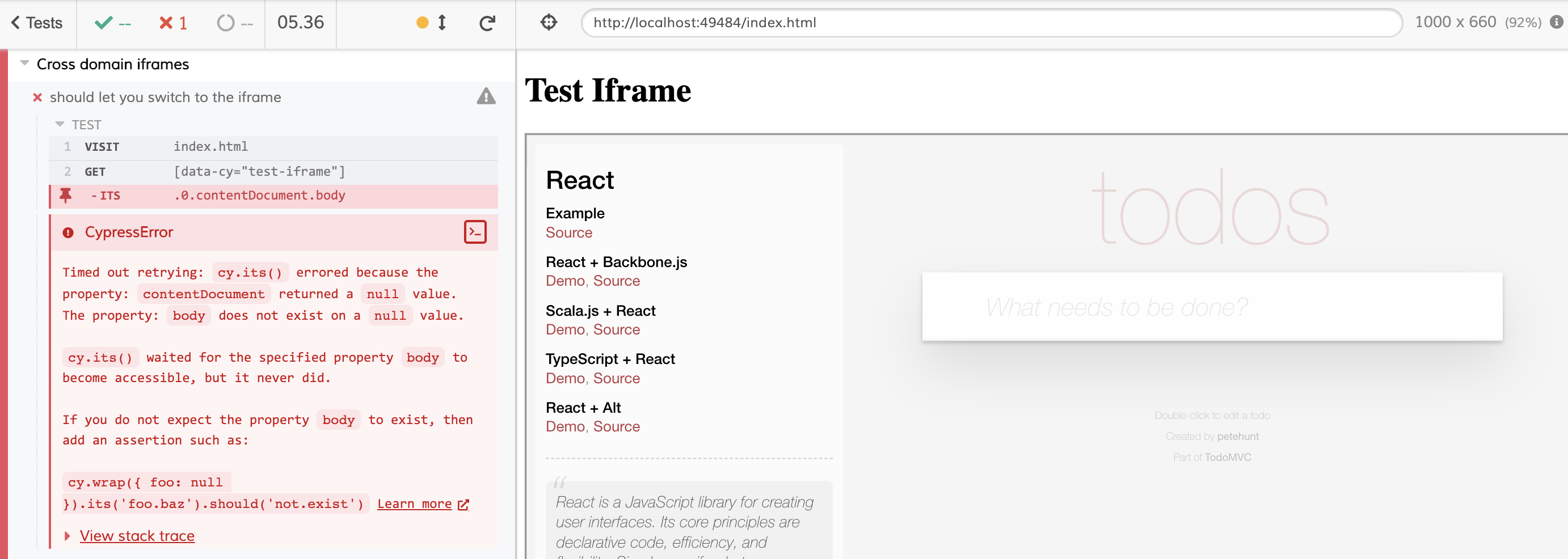 Failing test with cross domain iframes in Cypress