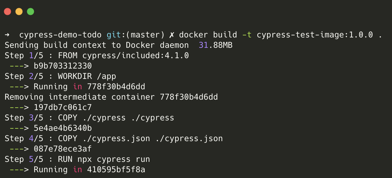 Output of running cypress in docker