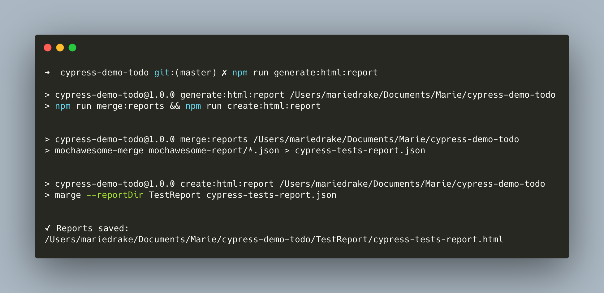 Output of running the cypress generate html report command