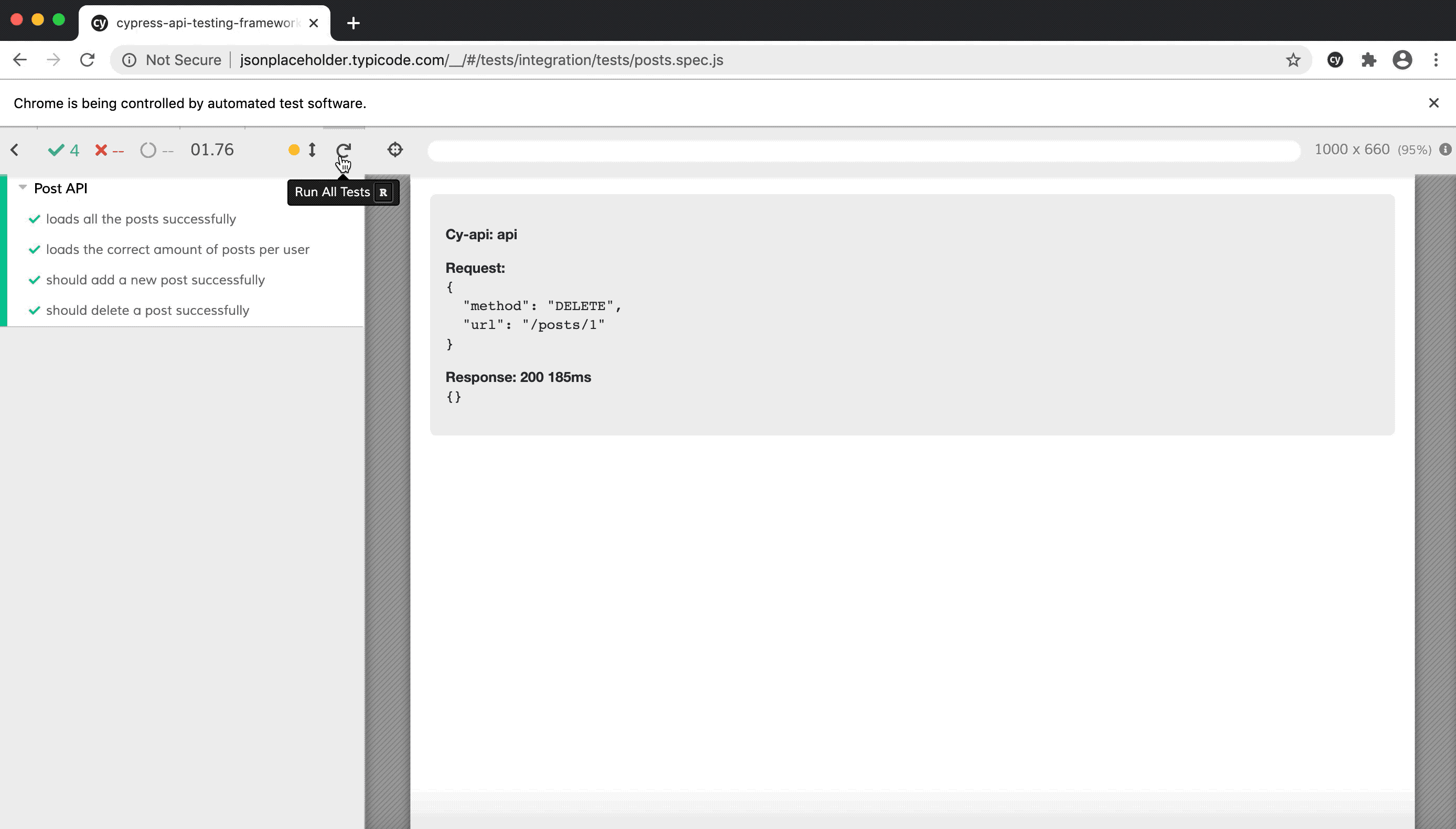 Cypress test runner in action