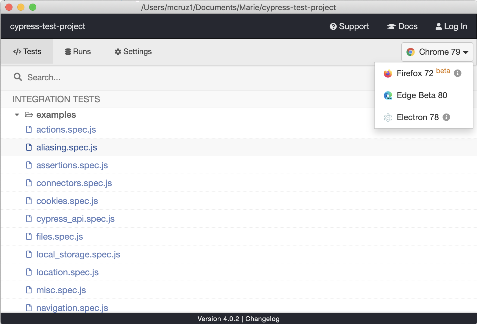 Cypress test runner showing different browsers