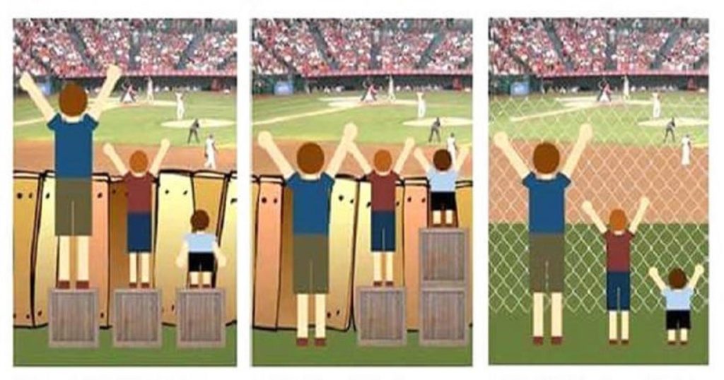 Three images showing people watching a baseball game. The first image shows a non see through fence, second image with the same fence but people have additional boxes to stand on and the last image shows a see through fence.