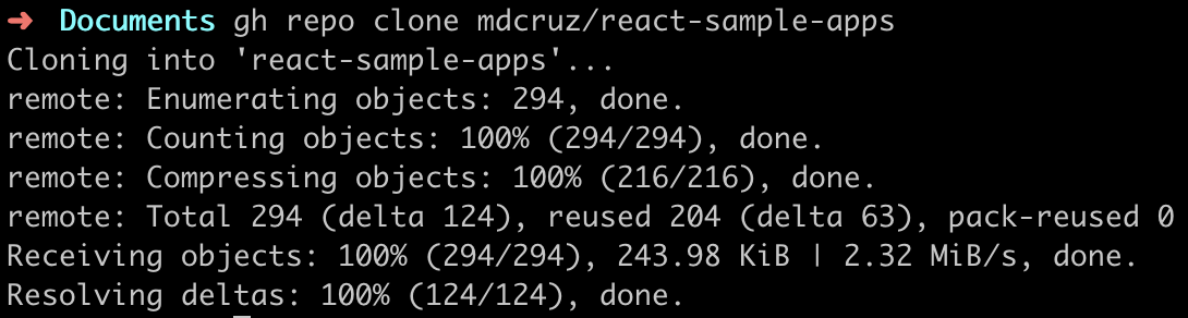 Running the command to clone an existing repo with Github CLI produces the same output as cloning it via HTTPS or SSH.