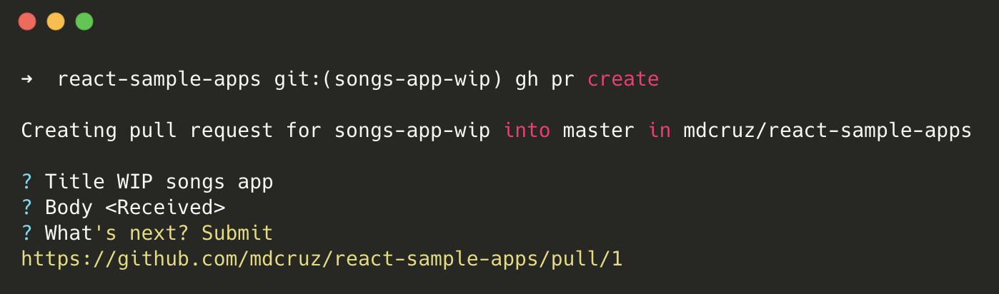 Output of running gh pr create command