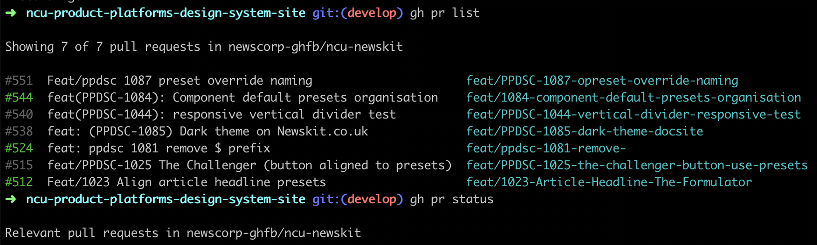 Output of running gh pr list command