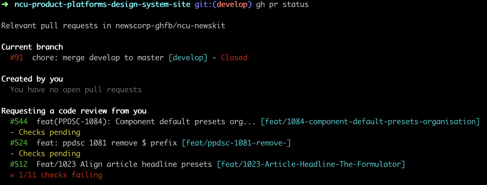 Output of running gh pr status command