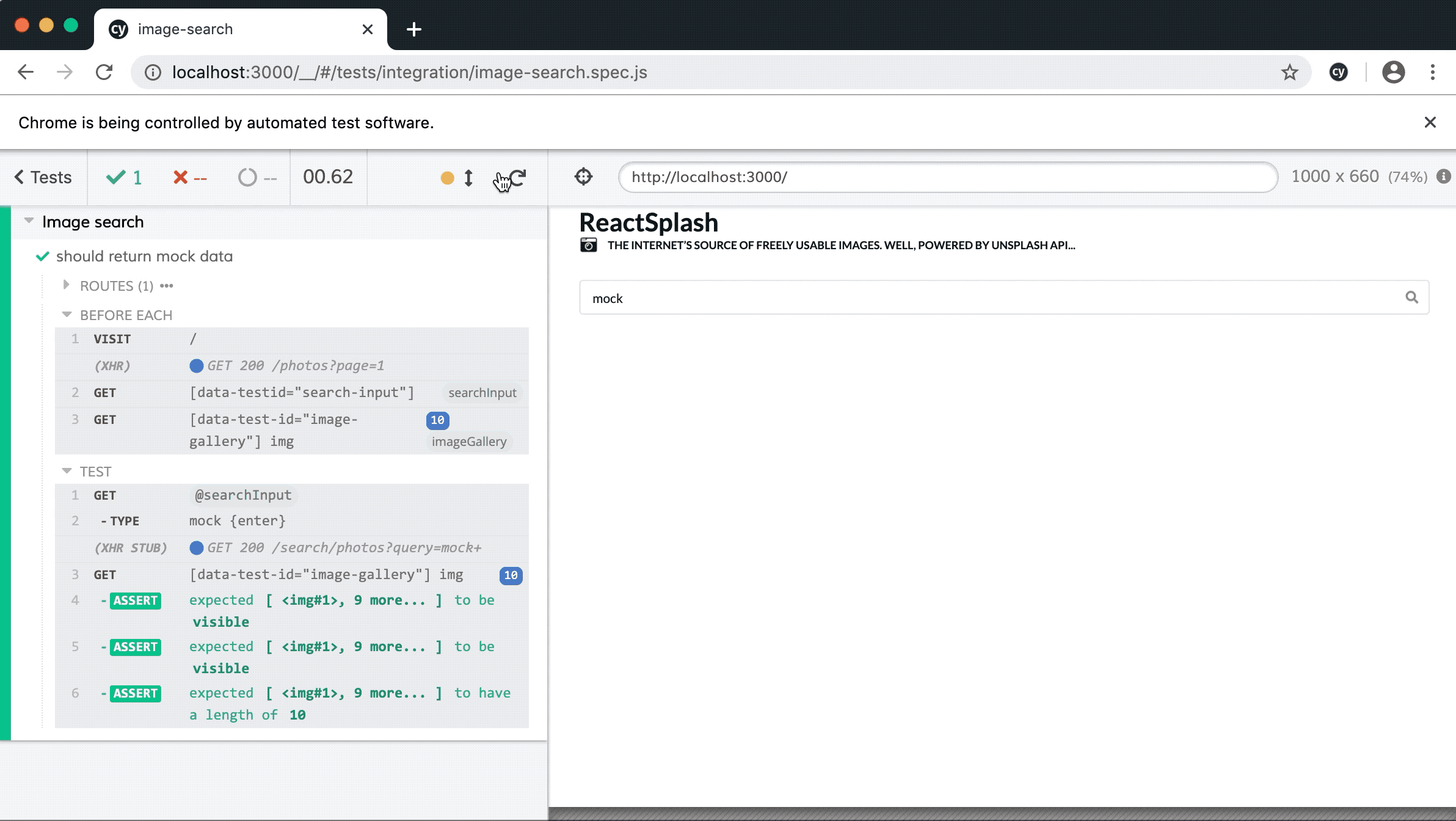 Mocked version of ReactSplash running on Cypress