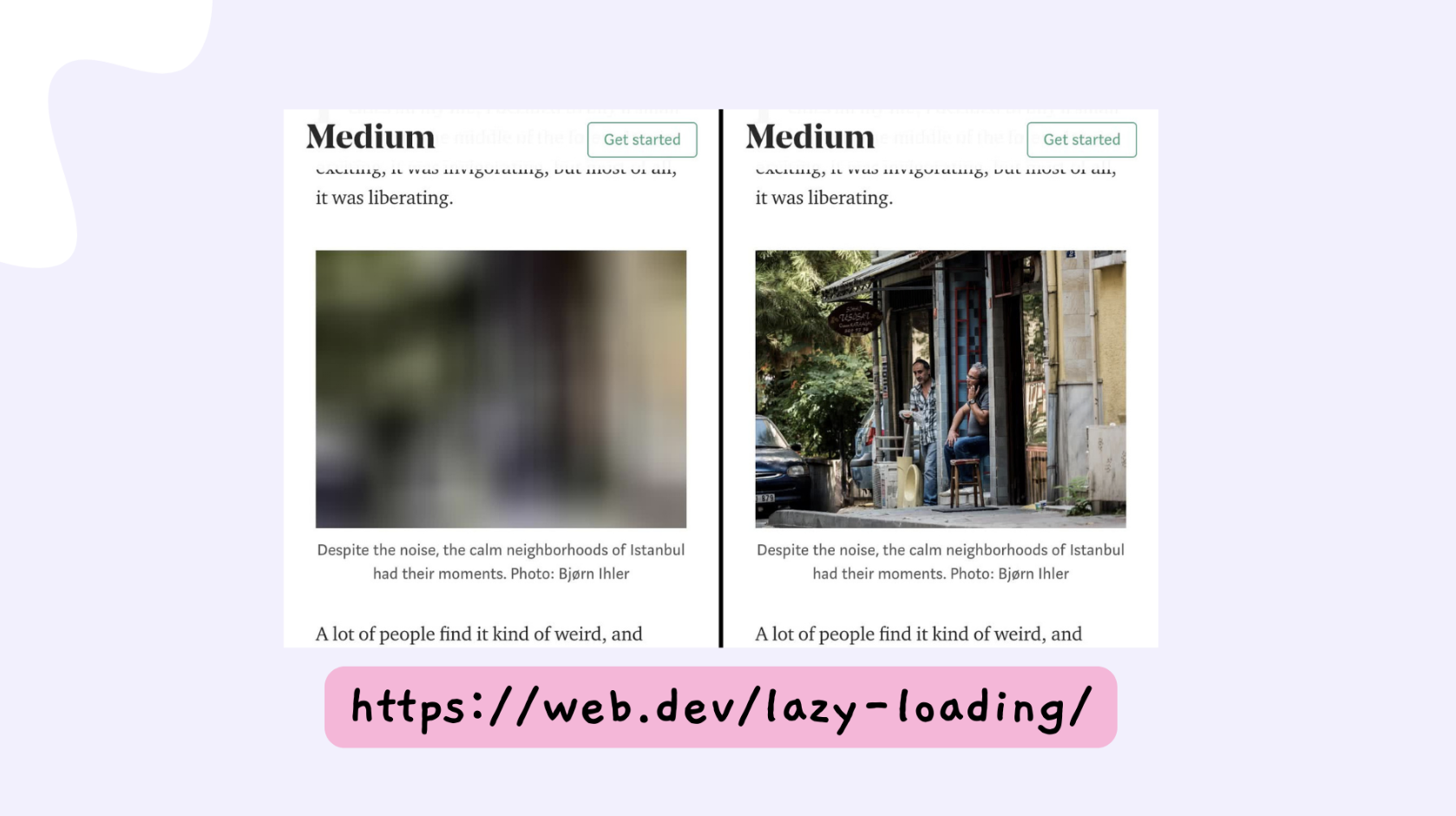 Two medium posts side by side. The left side has a placeholder image indicating that something is loading. The right side shows the image loaded after the user scrolls down.